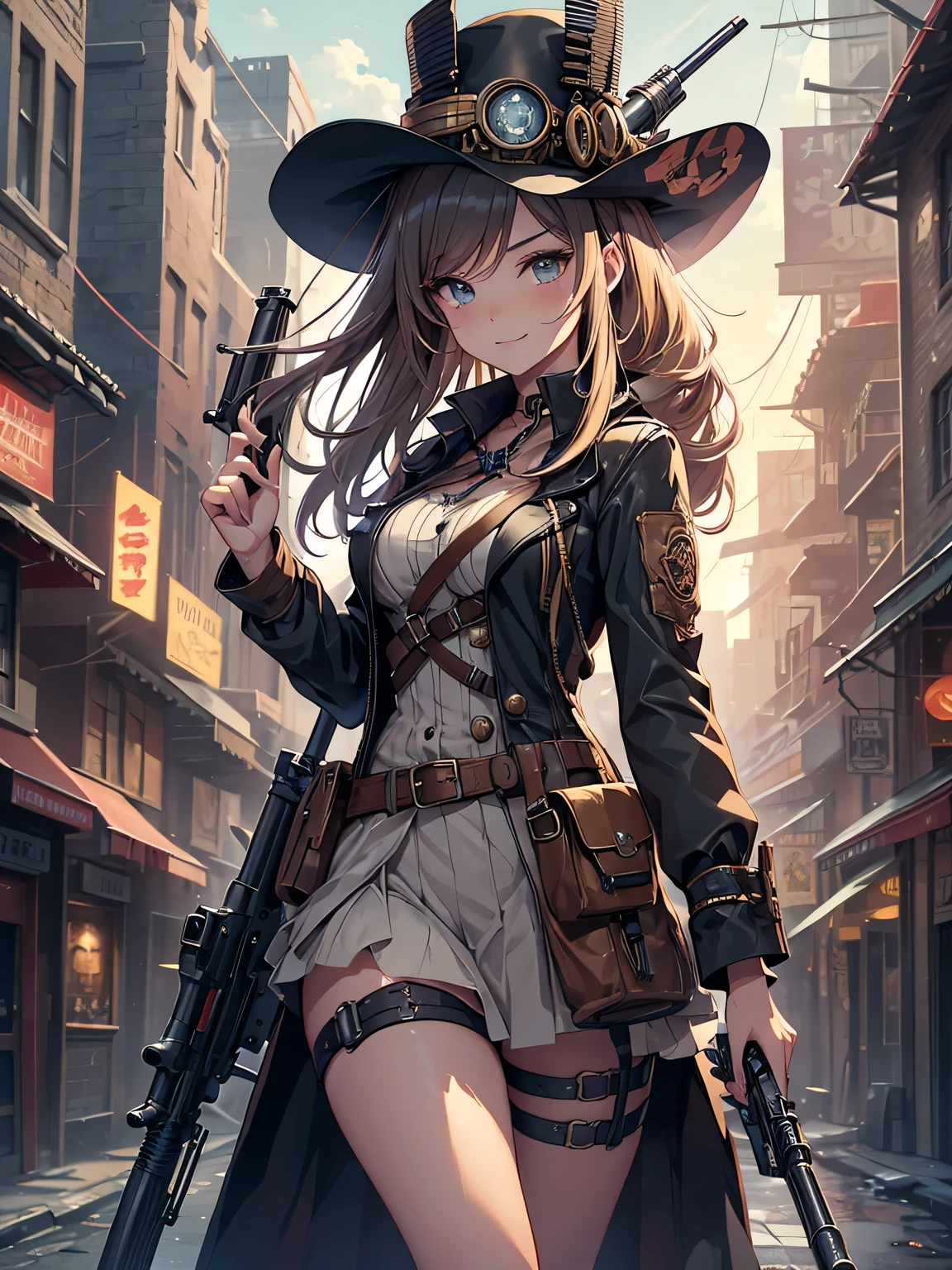 (Line art_anime),(Cowboy Shot,Low Angle, highest quality, ),(Laura Budd Photos:1.2),(Laura Add details:1.0),8k, Flat Color:0.8,1 girl,smile,(Highly decorative and complex mechanical steampunk fashion, Lace flare dolphin hat、goggles、((Holding a musket gun in hand 1.5))、machinery background、Gear background、An elaborately mechanized steampunk cityscape 1.5),Cute pose,