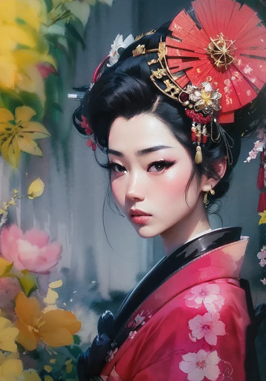 ((watercolor Painting)) of a geisha woman, close up Portrait de geisha, Portrait of a geisha, Beauty Geisha, geisha, Geisha japonaise, Portrait of a beautiful geisha, Coiffure Geisha, Art japonais, Samurai portrait, Portrait photo de geisha, Geisha described as Japanese, Style artistique japonais, inspired by Toyohara Kunichika