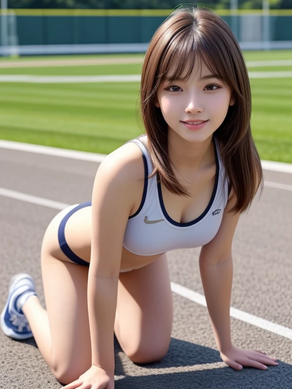(whole body:1.3),masterpiece, highest quality, High resolution, wallpaper, Realistic, Bright lighting, Professional Lighting, Face Light, Smooth lighting, Japanese Girls, ((whole body:1.3)),Are standing, ,cute, smile, beautiful girl, gravure, sexy, so beautiful, Beautiful Skin, Beautiful and detailed、Detailed face、slim、Moderate, short hair, Brunette colored hair, Brown eyes, View your viewers,Track and field athlete uniforms,Belly button,Athletics Stadium,Small,Thighs、On all fours、Perfect hands、Perfect legs、Little cleavage