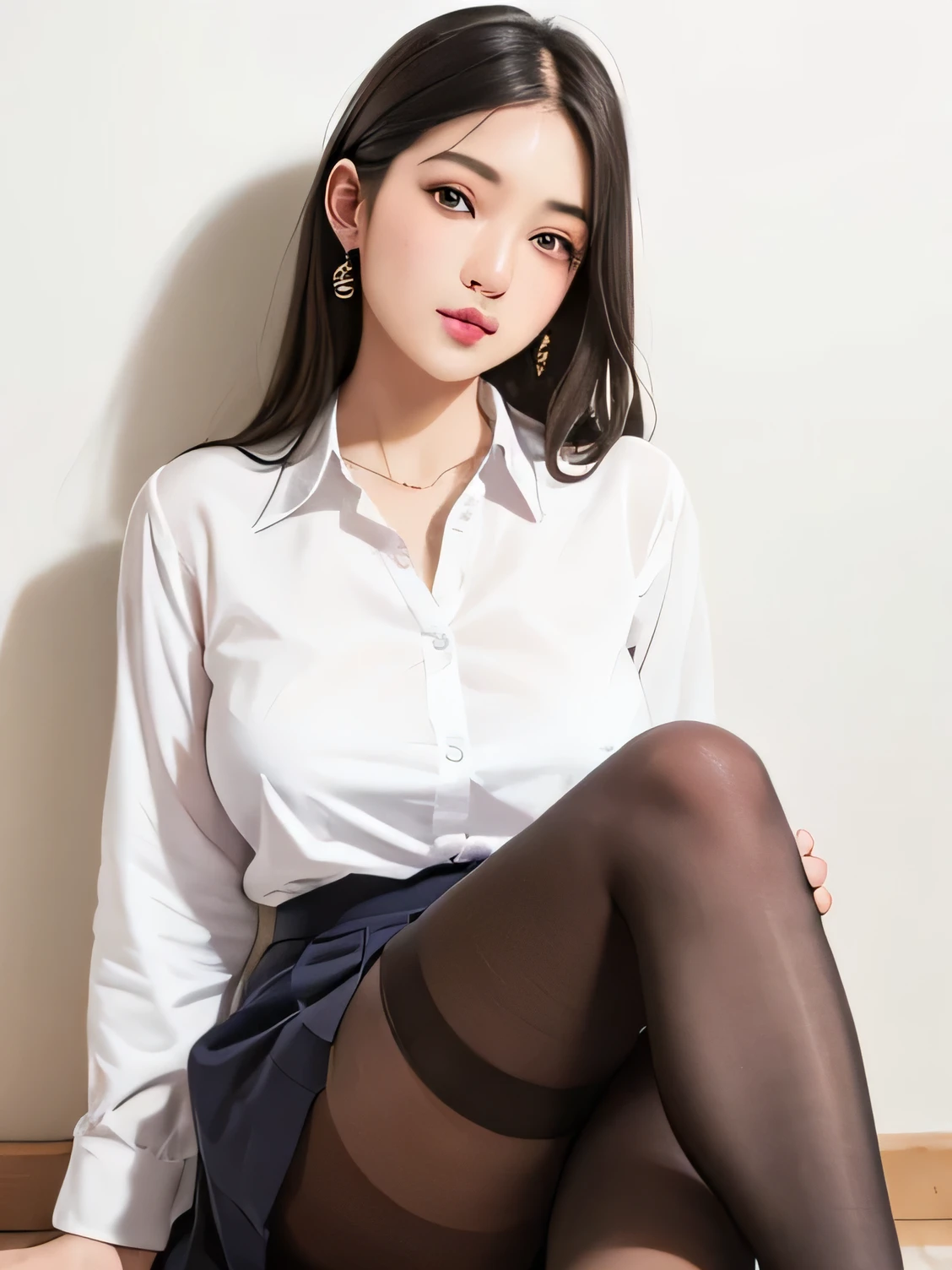 (vivid, Realistic: 1.5), (high resolution)(8K quality)(nsfw:1.2),No background: 1.0,Photograph the toes:1.2, Beautiful 17 year old Japanese girl: 1.2, Light Gray Background: 1.2, Breast augmentation: 1.3, cute: 1.2,Follow me((Pull up your skirt、Dress shirt comes off、Sit down to accentuate your inner thighs,Wearing black pantyhose)):1.5, Medium-long hair: 1.2, Black Hair: 1.0, Hair with red mesh:1.2,Small face: 1.1, Straight hair: 1.1,Messy Hair:1.1,Navy blue pleated skirt、White dress shirt:1.ur cheeks are red;1.0