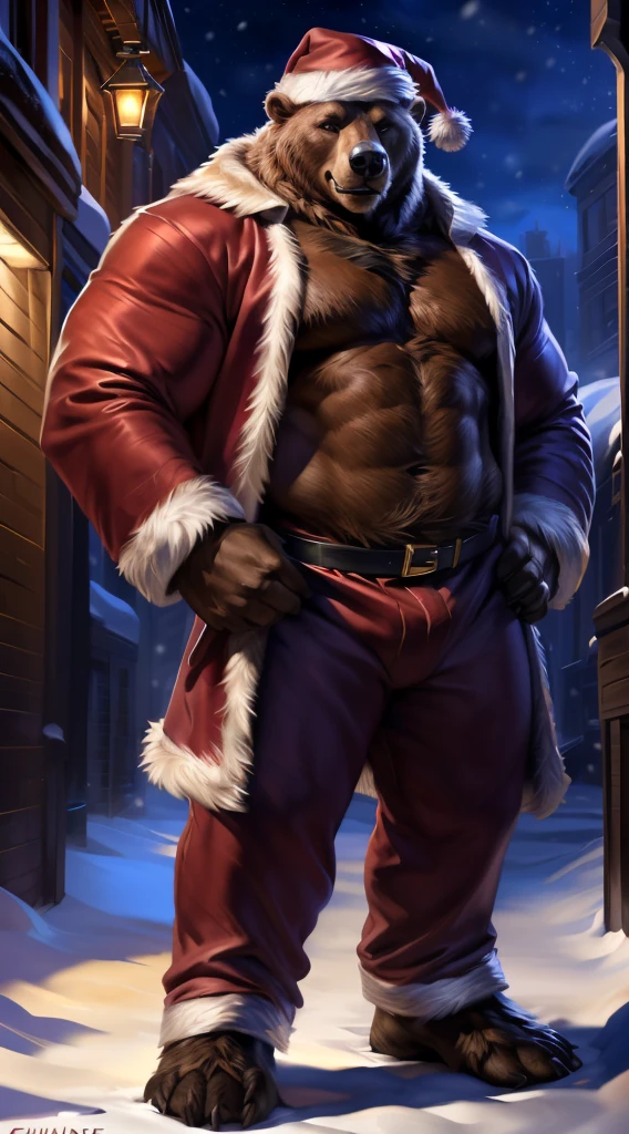 4k, high resolution, best quality, perfect colors, perfect shadows, perfect lighting, artificial lighting, full-length shot, posted on e621, furry body, solo, anthro brown bear, (large detailed plantigrade bear feet, monotone brown fur:1.3), male, adult, (strongman, burly abs, manly, brutal, masculine:1.2), winter, snow, ((night, Christmas decorations, garlands)), city alley, cold, correct anatomy, (photorealistic detailed fur, epic, masterpiece:1.2), (by Taran Fiddler, by Chunie, by Rukis, Bonifasko lighting), detailed bear eyes, standing stll, (smile), (opened Santa coat, Santa pants, Santa hat:1.3), (both hands on hips:1.2)