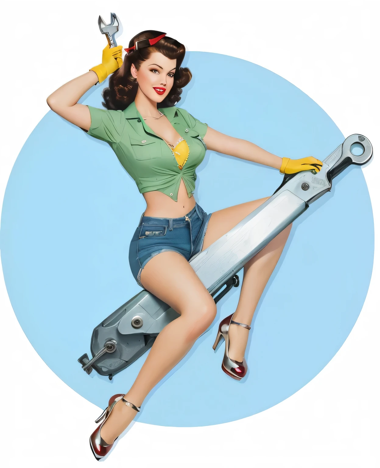 Arafed woman sitting on a wrench with a spanner in her hand, girl pin up, pin up poster girl, pin up girl, pin up art, pin up pose, pin up girl, pin up, pin up, pin up model, pin up girl, pin up, pin up, style by Gil Elvgren, retro pin up model, pin up style poster