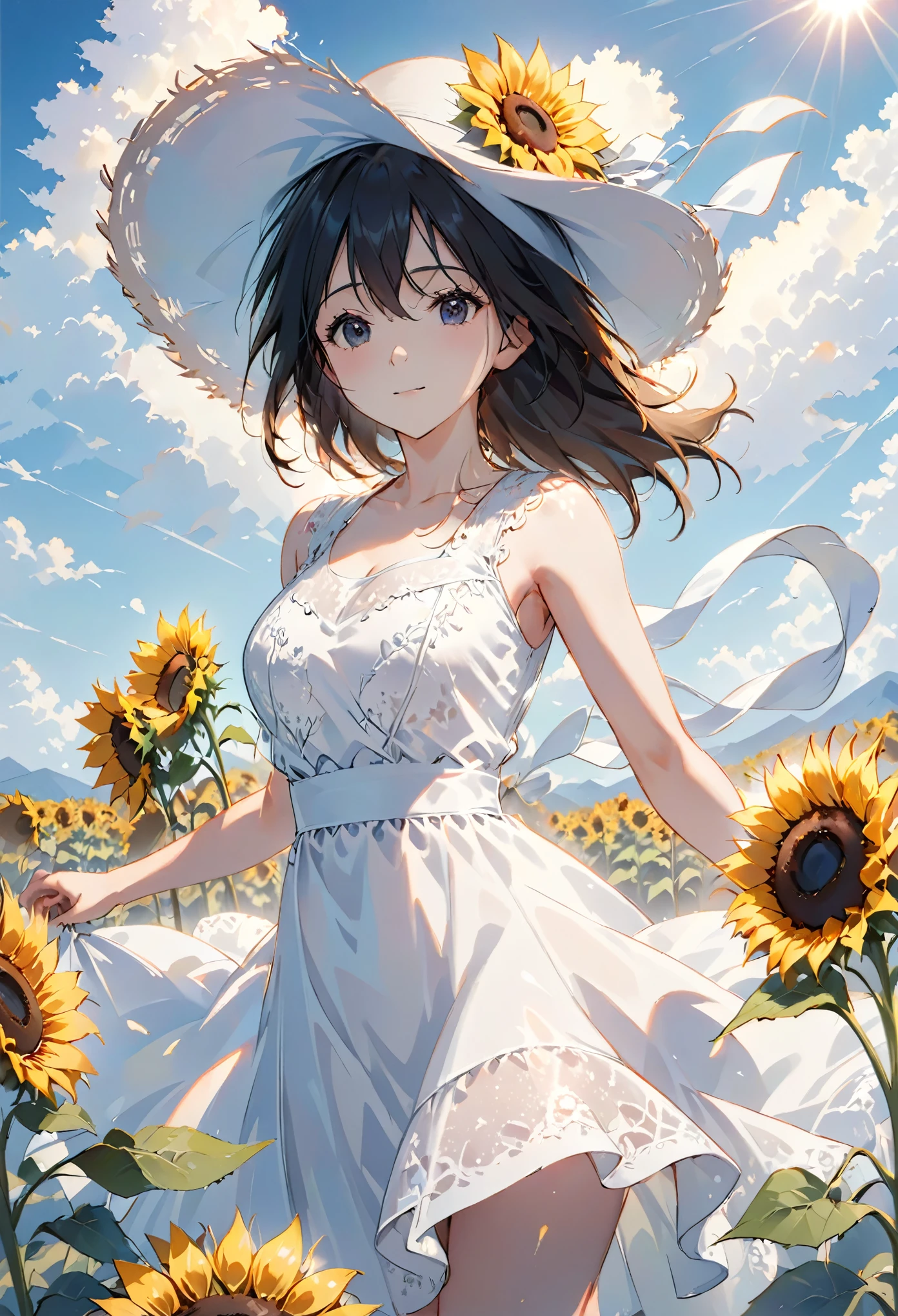 send,1 Girl,Solitary, (White lace dress:1.2),floating dress (Sun hat:1.2), Sunflower fields, under the sun, A faint smile,looking at the audience, wind, Dynamic, Strong light and shadow,Dynamic pose,