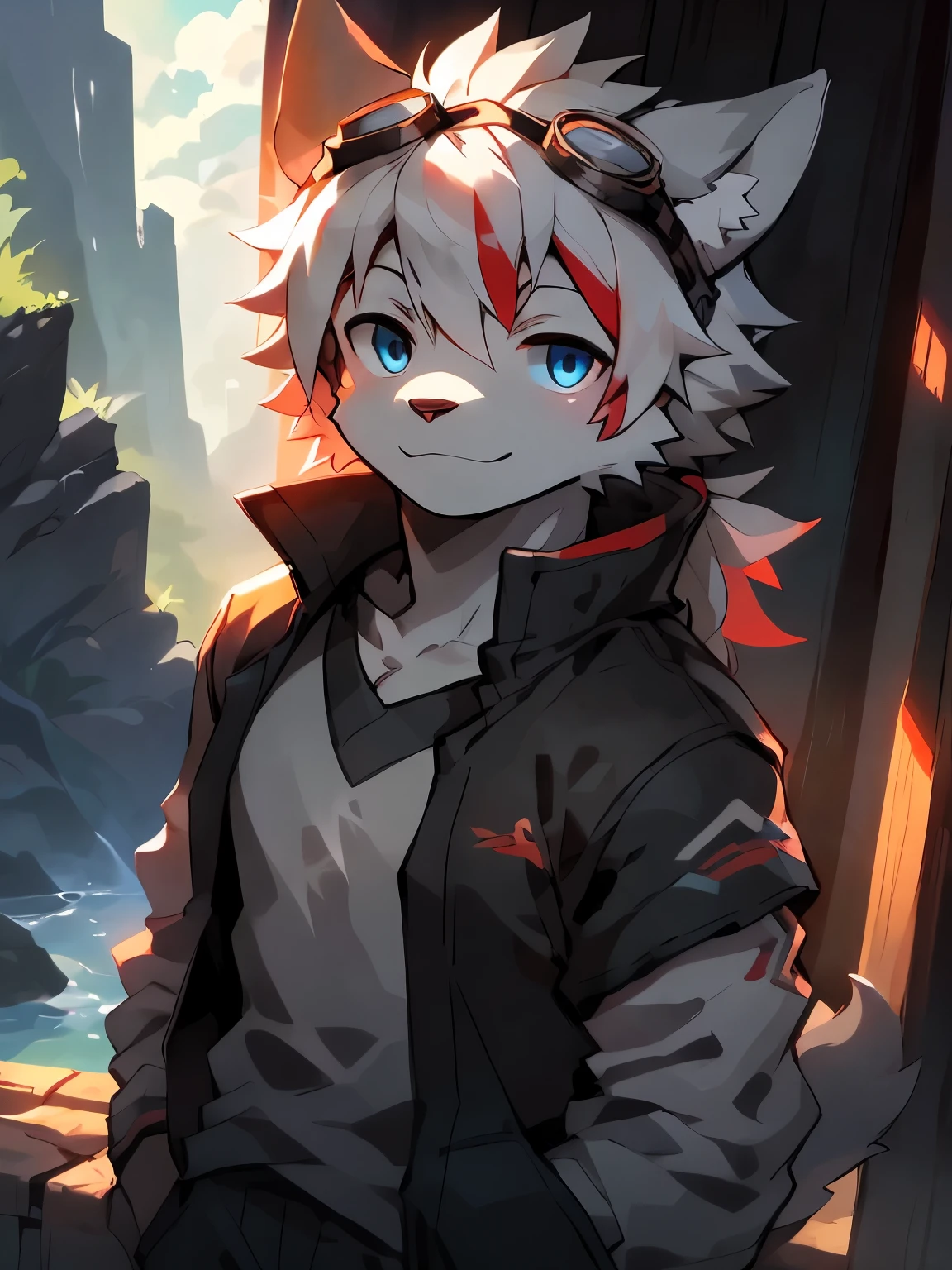 masterpiece, solitary, Furry Gray Wolf,White hair,Red highlights, blue eyes, Gray medium-length hair, Medium muscular body, cool pose, charming, Handsome, OK, casual shirt, goggles, Warm, comfortable. Nice scenery,Wear a baseball jacket,Bright Eyes,Boys,酷Boys,