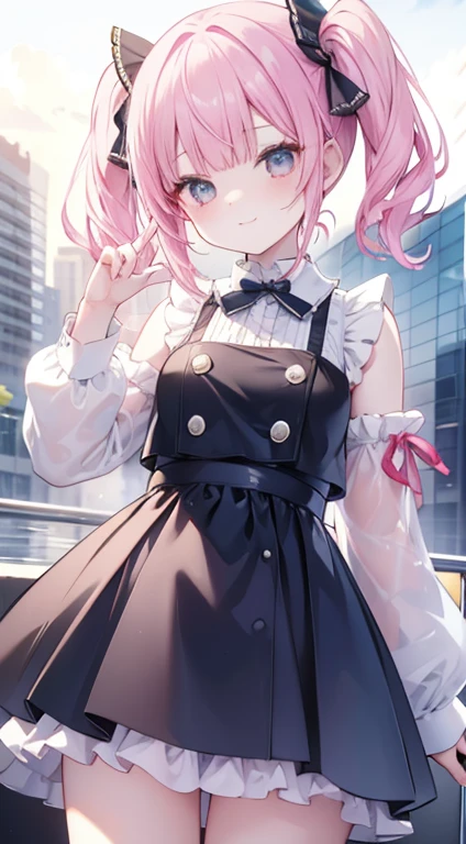(8k、Best image quality、highest quality、masterpiece)、Detailed face、One Girl、Pink Hair、((Twin tails))、Blunt bangs、short hair、Grey Eyes、Wicked Smile、Dazed face、Moderate bust、((Pink clothes))、Frills、Black Ribbon、Black mini skirt、Frills、jirai kei attire、Cowboy Shot、Night downtown background、Mine system、Bunny earine systemメイク、Blue inner color hair