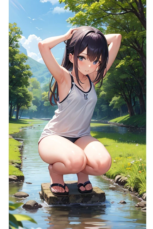 Girl playing in the river、、Tank top、Lower body naked、squat、Female organ、River in the countryside、gravel