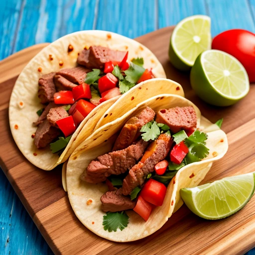 Close-up of Mexican street tacos served on a wooden cutting board, Vibrant, 3Types3tacos、Tacos stuffed with marinated carne asada、Tacos stuffed with roast beef、Shrimp stuffed tacos、 Topped with fresh coriander and diced onion、vivid、Effective lighting、4K、8K、Masterpiece、High resolution、(((photograph)))、Detailed、In focus、looks delicious、luxury