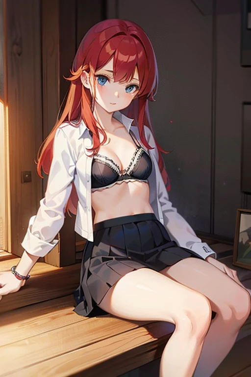 anime girls with red hair and blue eyes wearing a skirt and an open shirt revealing a black bra