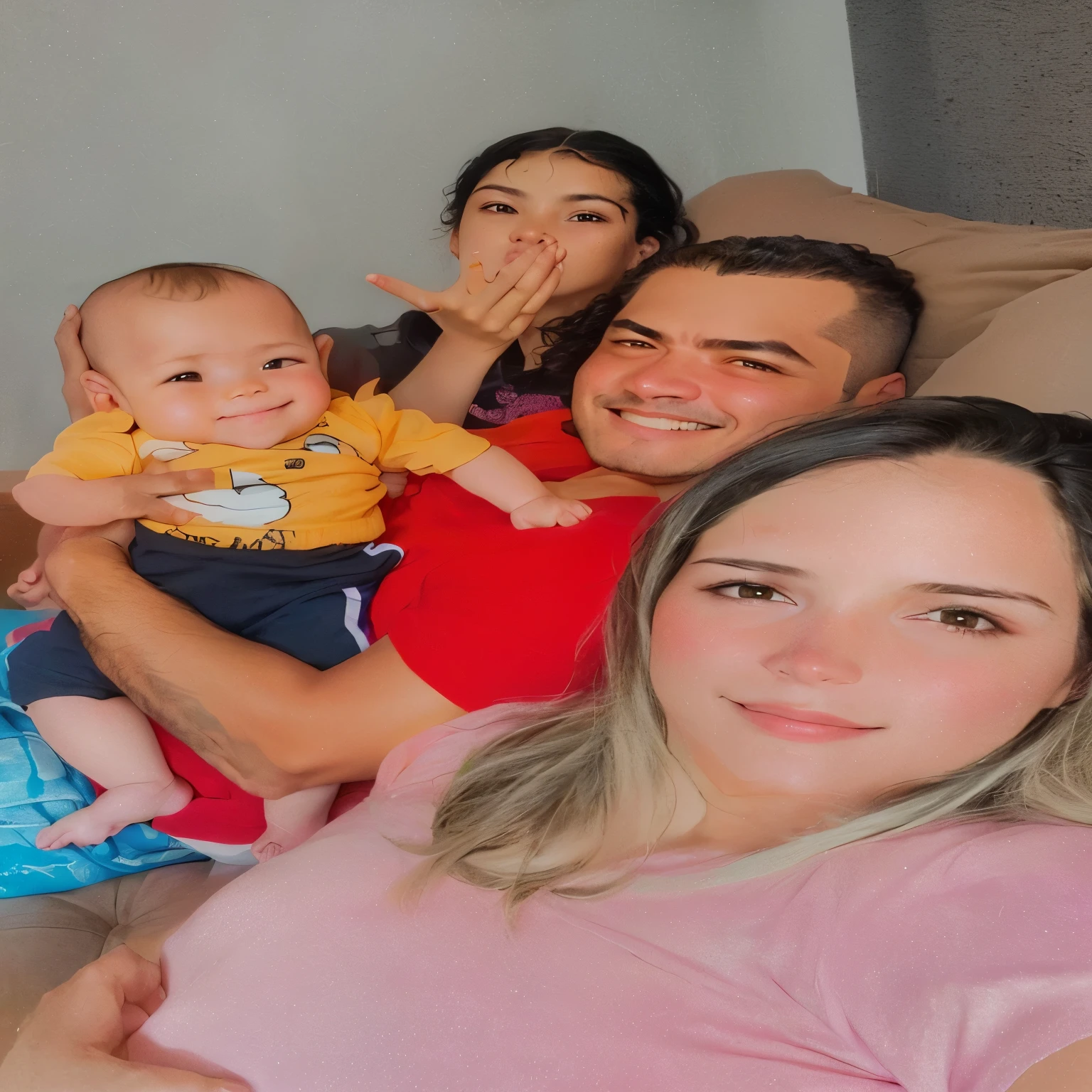 there are three people sitting on a couch with a baby, powder Nándor Katona, imagem de perfil, Happy family, imagem de perfil, foto de perfil, marido esposa e filho, 3 Brazilian mother of 5 years, imagem de perfilture, malika favre, by Amélia Peláez, em casa, instagram post, por Luis Miranda, david rios ferreira, family portrait