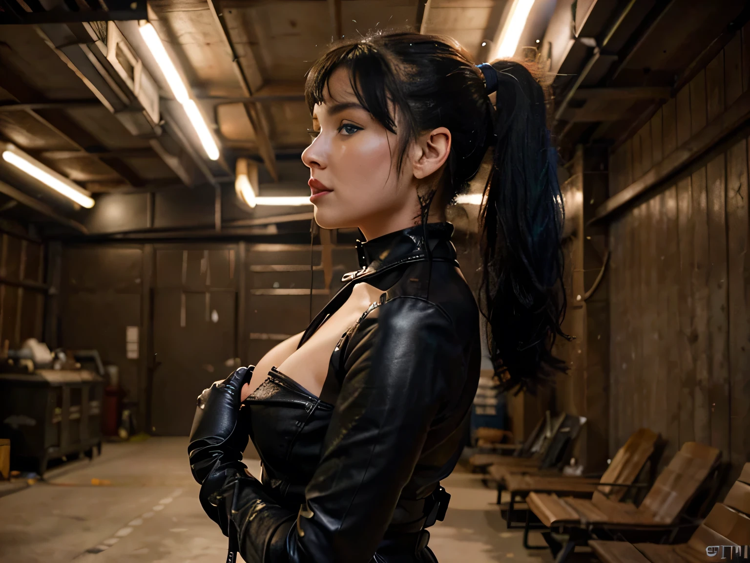a girl Mad Max inspirado, heavy metal artwork , 25 years old, Bettie Page, ponytail, black hair, flirting with the camera,incredible blue eyes, mouth open, completly dressed in a steampunk dress, black skirt, red lipstick, ((detailed black leather gloves)), together with her lover secret finally they can have doggy style anal sex , sucking, blowjob,double penetration, perfect body, perfect penis, lots of sperm from the mouth, 4k, 8k, (HD) ((the photo is from his side)) 