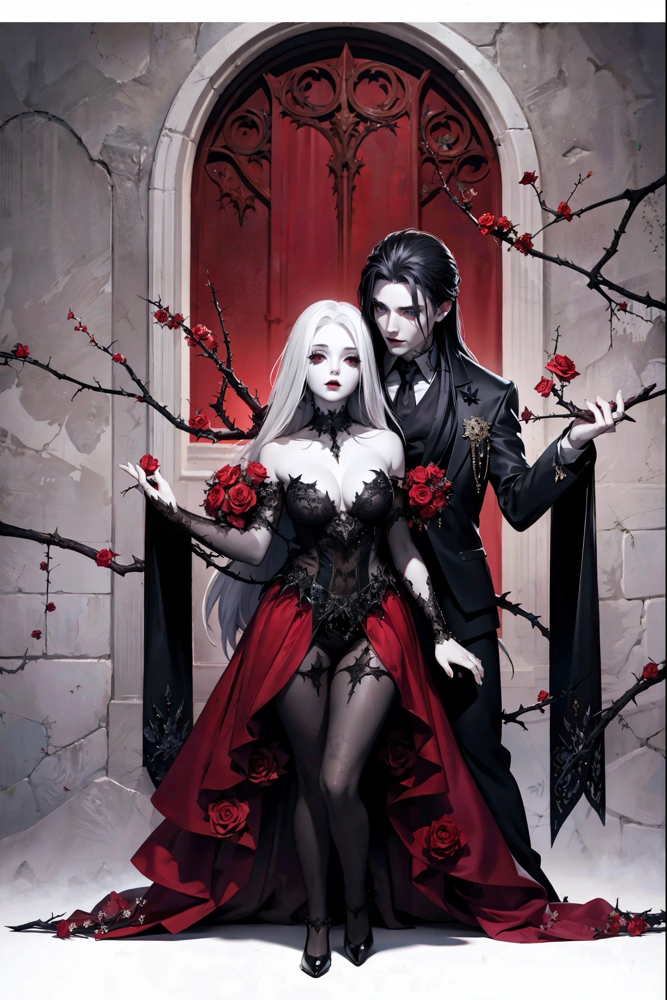 exquisite artwork of a Couple in love, dark gothic beauty, aesthetic atmosphere, roses surrounding, fantasy render, realistic detailed face and body, vines and thorns, mid-transformation, pale skin, vampire, ethereal, realistic fantasy artwork 