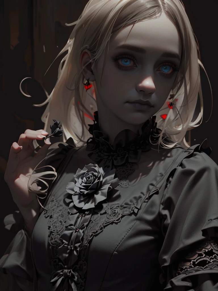 a gothic clown girl, detailed face, beautiful eyes, long eyelashes, pale skin, dark makeup, black and red dress, puffed sleeves, ruffles, lace, holding a black rose, eerie, unsettling, moody lighting, dark cinematic atmosphere, muted color palette, (best quality,4k,8k,highres,masterpiece:1.2),ultra-detailed,(realistic,photorealistic,photo-realistic:1.37),fullbody
