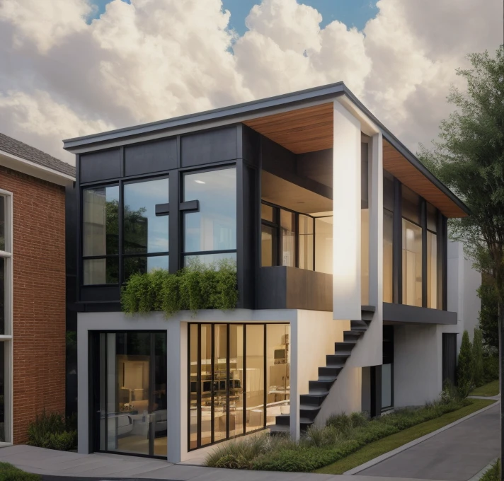 exterior church, contemporary style, white wall, wood wall, wood door, glass window, (realistic:1.2), Masterpiece, high quality, best quality, authentic, super detail, outdoors,road,pavement, grass, trees, sky, cloud, (daylight:1.1), cross at the top