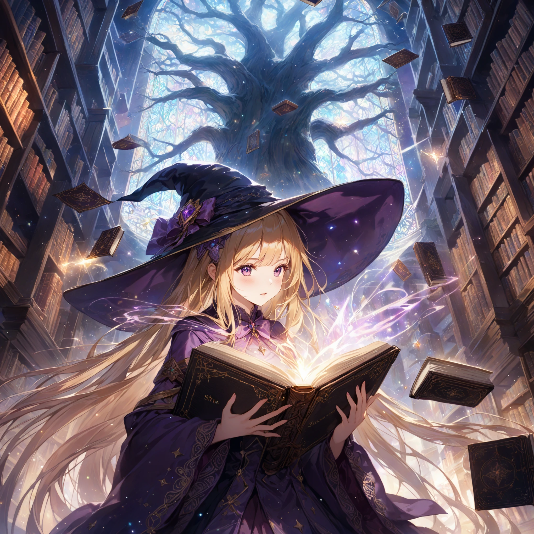 masterpiece, best quality, high resolution, extremely detailed CG, absurdres, 1girl, solo, In a magical space, behind the vertical inlaid glass windows is the huge and ancient Tree of Wisdom, multiple bookcases are floating in the air,  a blonde twinailed girl wearing a witch hat stands in the middle of the room in a purple costume, she opening her hands,  in front of her is a heavy book, the pages of which are turning and glowing with light, and glowing magical words are flying out of it, and the books are floating around her in an orderly manner. The pages are turning and glowing, glowing magical words are flying out of the book, and many books are floating around her in an orderly fashion, (((best hands))), score_9, score_8_up, score_7_up, source_anime