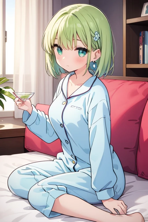 (((1girl))), (petite:1.3), solo, hard features, (more_details:1.5), barefoot, perfect fingers, extremely detailed finger, green hair, bob cut, braided bangs, one side up, earrings, Beautiful detailed rubin eyes, (slim body), ((large_cup d_breasts)), ((petite)), (luminous), (pajamas), ultra-detailed, (background: room, yellow)
