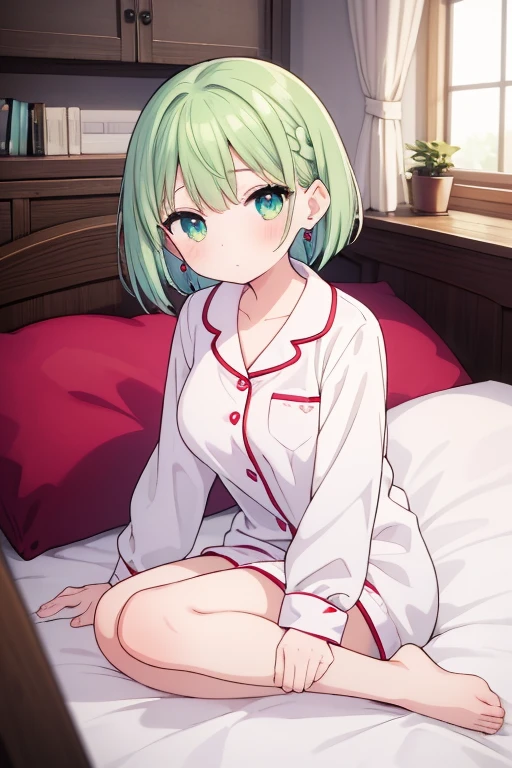 (((1girl))), (petite:1.3), solo, hard features, (more_details:1.5), barefoot, perfect fingers, extremely detailed finger, green hair, bob cut, braided bangs, one side up, earrings, Beautiful detailed rubin eyes, (slim body), ((large_cup d_breasts)), ((petite)), (luminous), (pajamas), ultra-detailed, (background: room, yellow)