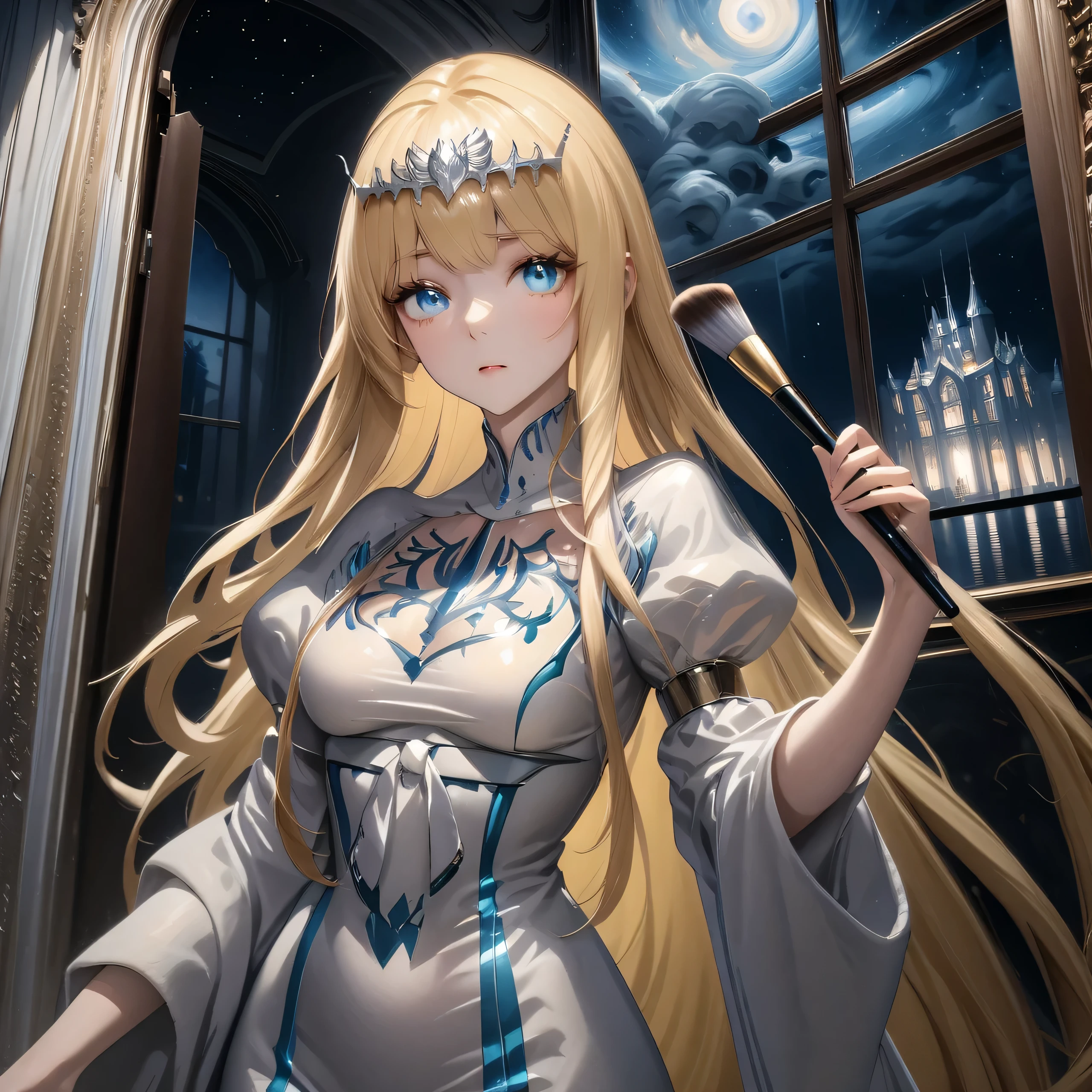 hyper-detailed render style, glow, yellow, blue, brush, surreal oil painting, shiny eyes, closeup, exaggerated perspective, Tyndall effect, a holographic white, beautiful background, 1girl, solo, Calca, Calca Bessarez, blonde hair, extremely long hair, very long hair, white tiara, silver tiara, white dress, blue eyes, medium chest, very short neck, extremely short neck, beautiful scenery, night time, in door, in gothic victorian style mansion, luxurious room, detailed room