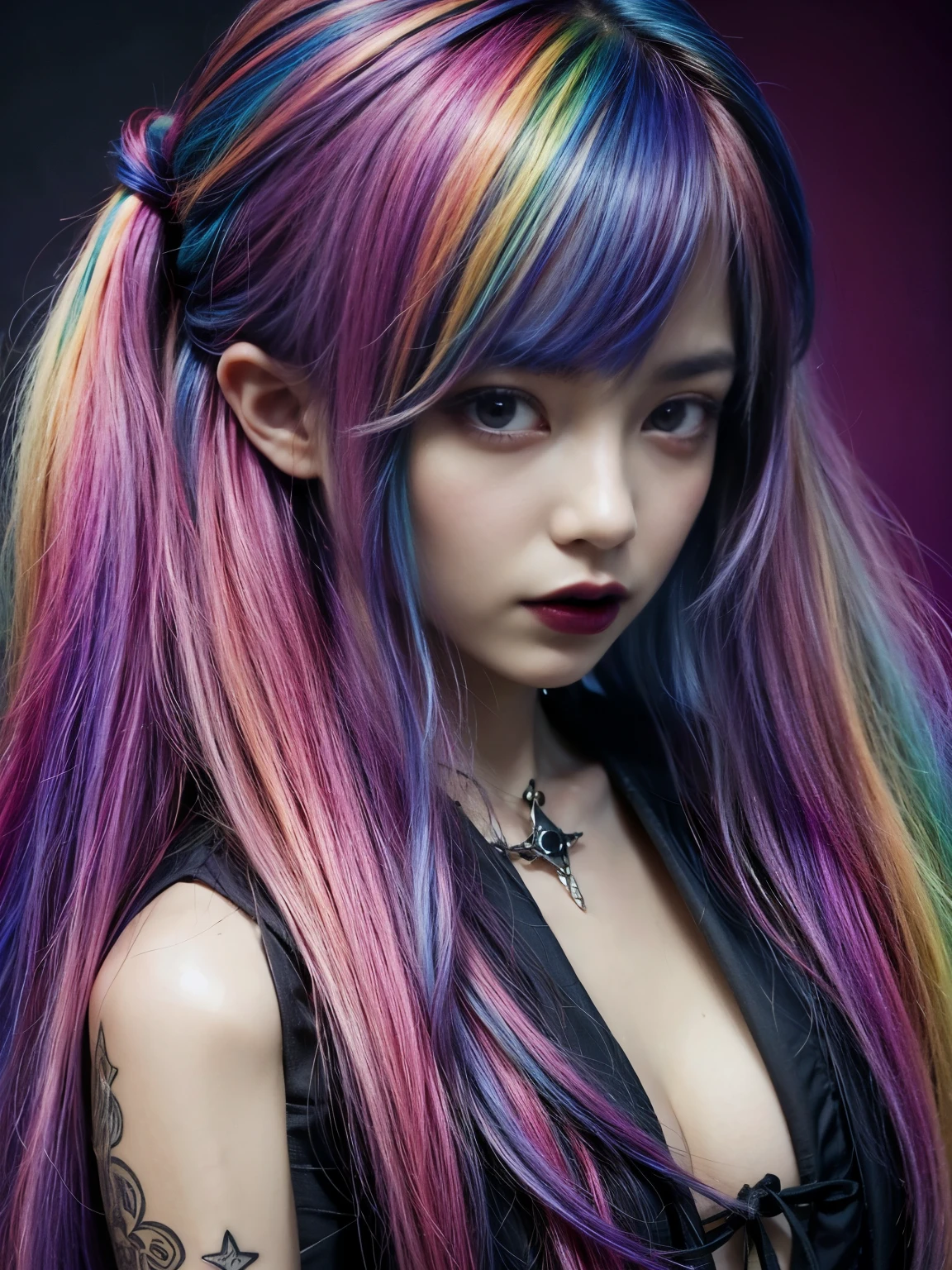 1girl, solo, goth , color: spectrum, vivid colors, rainbow hair , bright rainbow hair,