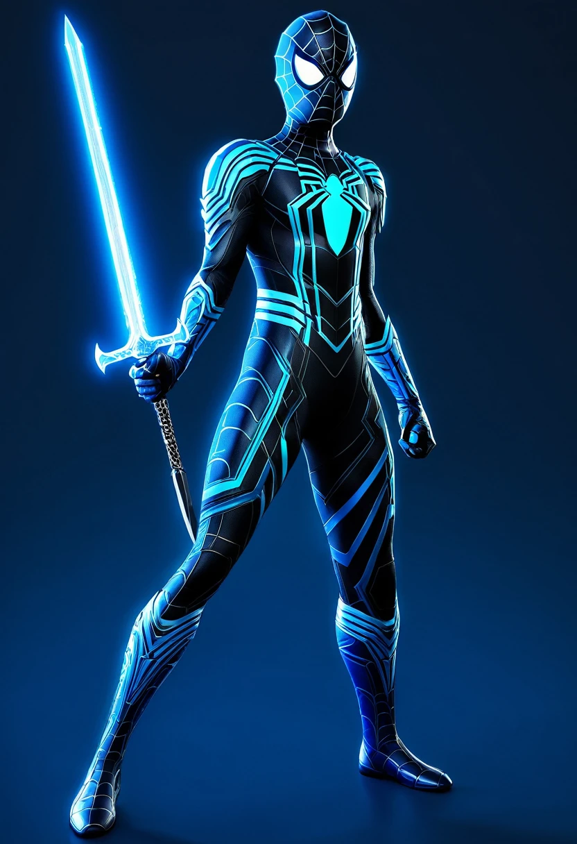 Blue Spiderman type suited boy with sky blue designs on it and holding a glowing sword in left hand 