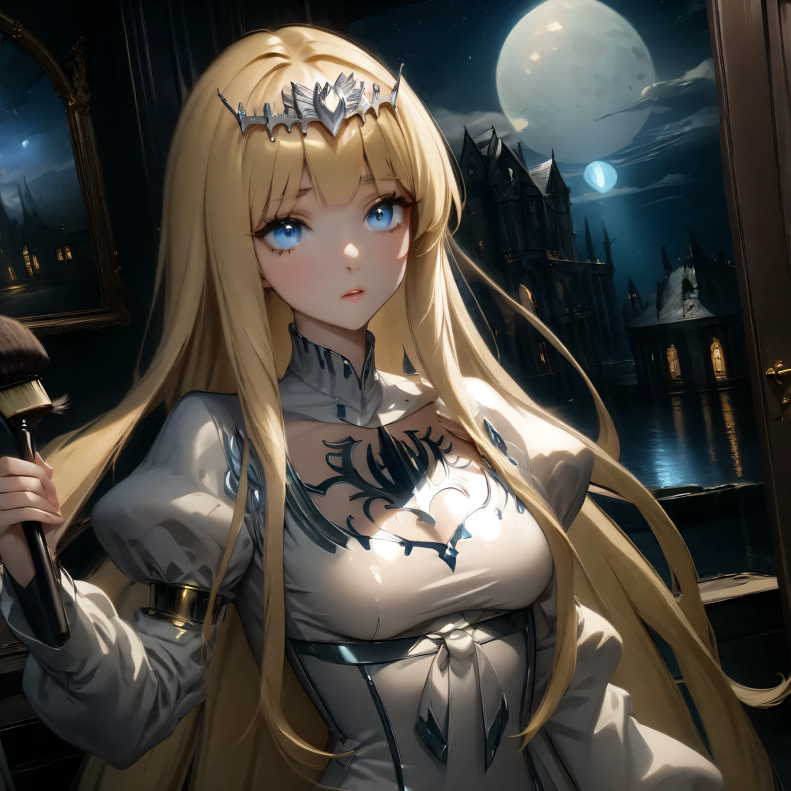 hyper-detailed render style, glow, yellow, blue, brush, surreal oil painting, shiny eyes, closeup, exaggerated perspective, Tyndall effect, a holographic white, beautiful background, 1girl, solo, Calca, Calca Bessarez, blonde hair, extremely long hair, very long hair, white tiara, silver tiara, white dress, blue eyes, medium chest, very short neck, extremely short neck, beautiful scenery, night time, in door, in gothic victorian style mansion, luxurious room, detailed room