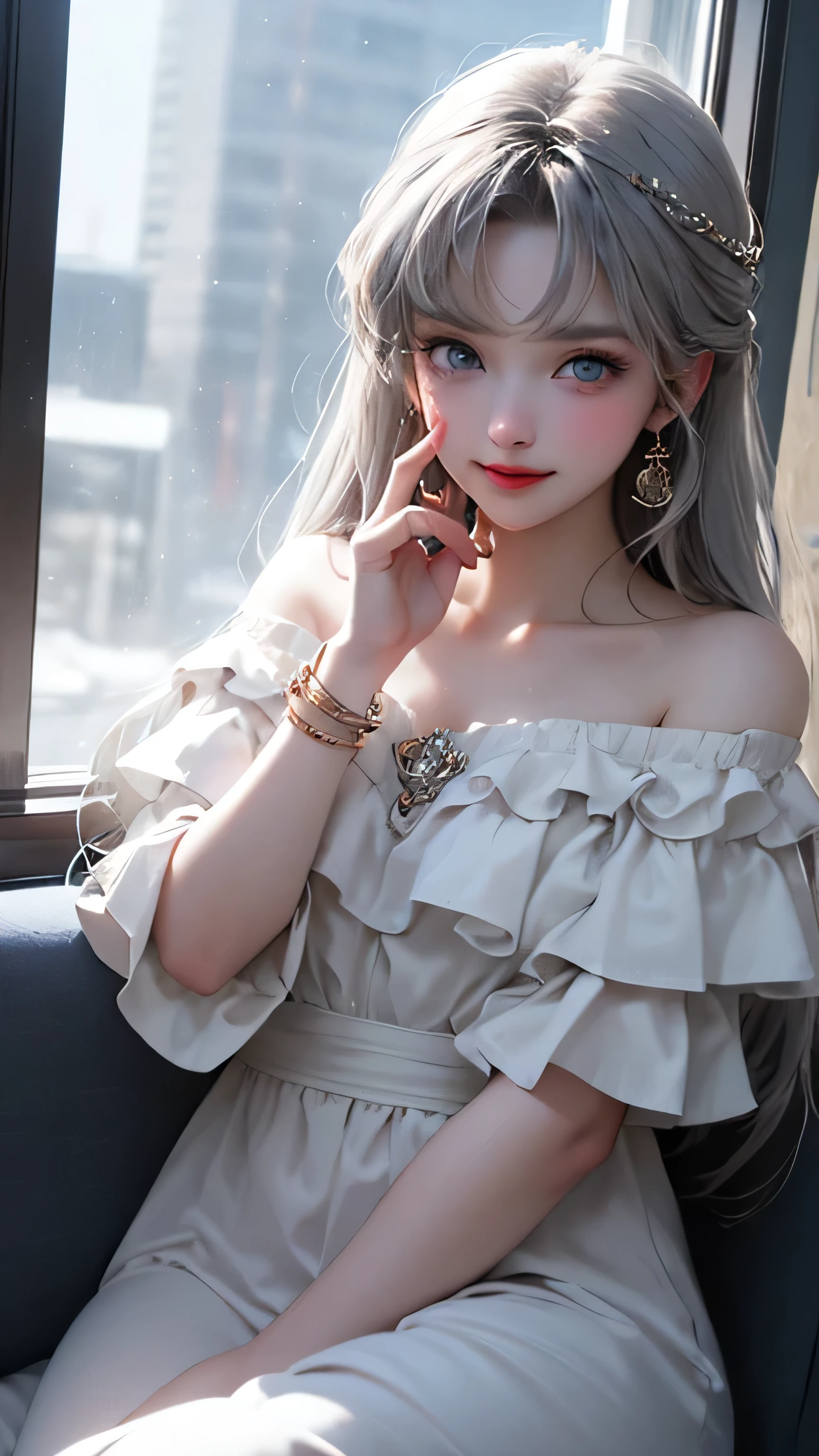 (Girl sitting on sofa in office)、Beauty、 One Girl、alone、Long Hair、Viewer、smile、blue eyes、hair ornaments、gem、Gray Hair、Shut your mouth、Blunt bangs、Manicure、bracelet、lips、Grey Eyes、Portraiture、Red nails、close、Red lips、Put your hands on your face、Place your hand on your cheek、()、(Shiny skin)、(Steamed body))Beauty、 One girl, alone, Long Hair, View your viewers, smile, blue eyes, hair ornaments, White Background, jewelry, Gray Hair, Mouth closed, Blunt bangs, Manicure,( Outside the window, you can see the Milky Way.),(Off-the-shoulder semi-transparent white dress)