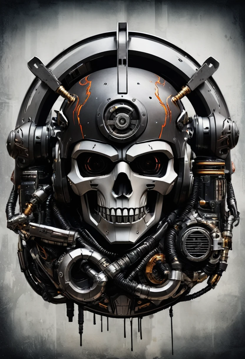 Cybernetic Revolutionaries, european male, magazine cover, poster art , Lovecraftian horror tattoos, bold huge text, matted design layout, strong, bold inking techniques, Metallic Silver and Gunmetal Gray: These colors are often used to represent the metallic components of cyborgs, giving them a sleek and futuristic appearance. impactful paint of a close up of a robot in a building with a helmet on, cyberpunk flame suit, cyberpunk armor, cyberpunk suit, sci - fi suit, intricate cyberpunk armor, cybernetic fire armor, apex legends armor, cyber suit, cybernetic flame armor, clothed in sci-fi military armor, warrior in sci-fi armour, sci - fi armor