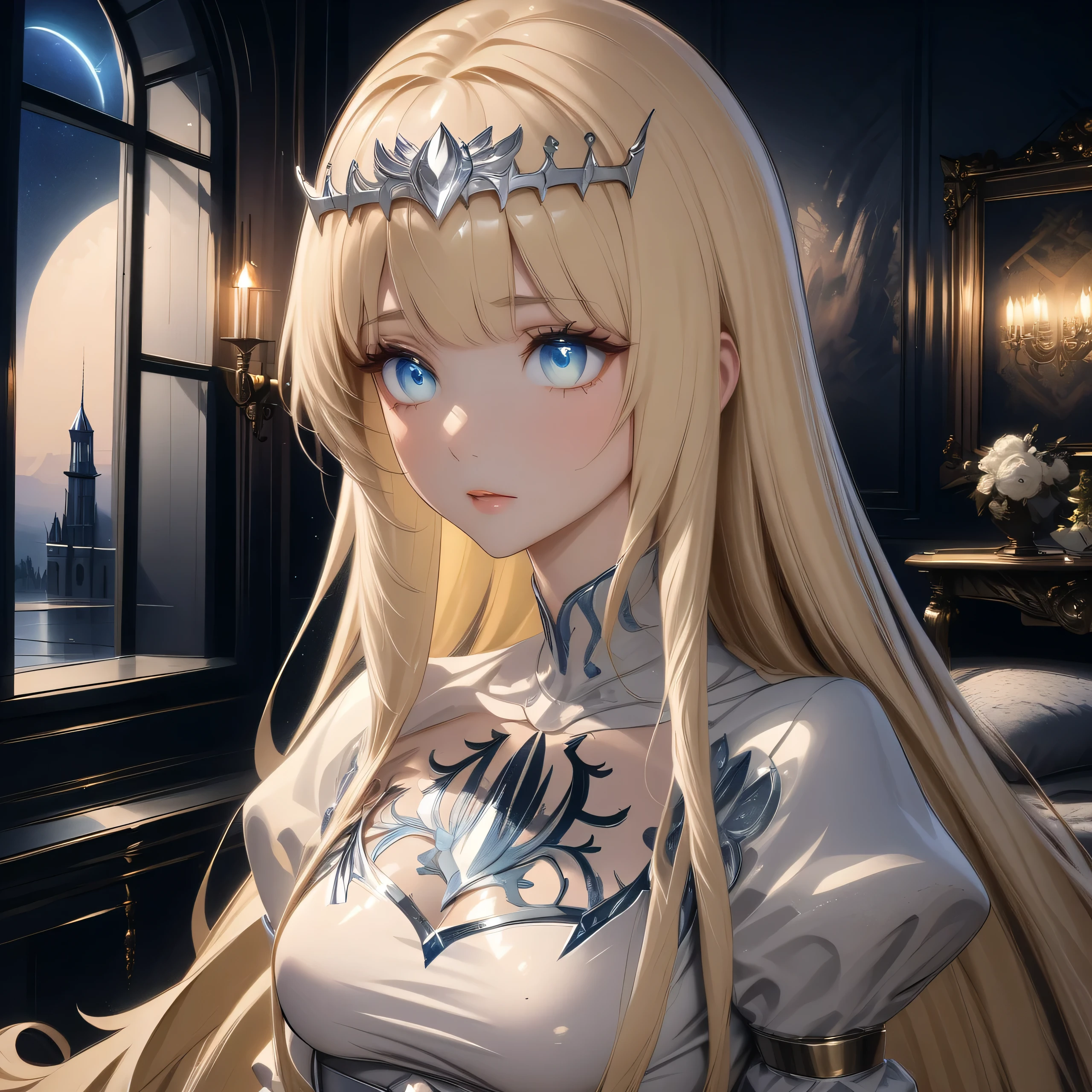 hyper-detailed render style, glow, yellow, blue, brush, surreal oil painting, shiny eyes, closeup, exaggerated perspective, Tyndall effect, a holographic white, beautiful background, 1girl, solo, Calca, Calca Bessarez, blonde hair, extremely long hair, very long hair, white tiara, silver tiara, white dress, blue eyes, medium chest, very short neck, extremely short neck, beautiful scenery, night time, in door, in gothic victorian style mansion, luxurious room, detailed room