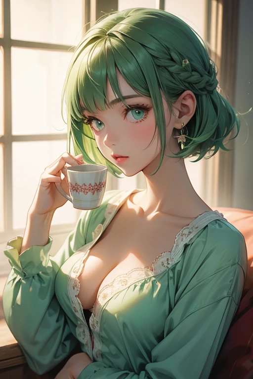(((1girl))), (petite:1.3), solo, hard features, (more_details:1.5), barefoot, perfect fingers, extremely detailed finger, green hair, bob cut, braided bangs, one side up, earrings, Beautiful detailed rubin eyes, (slim body), ((large_cup d_breasts)), ((petite)), (luminous), (pajamas), ultra-detailed, (background: room, yellow)