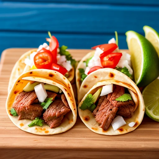 Close-up of Mexican street tacos served on a wooden cutting board, Vibrant, Tacos stuffed with marinated carne asada、Tacos stuffed with roast beef、Shrimp stuffed tacos、 Topped with fresh coriander and diced onion、vivid、Effective lighting、4K、8K、Masterpiece、High resolution、(((photograph)))、Detailed、In focus、looks delicious、luxury