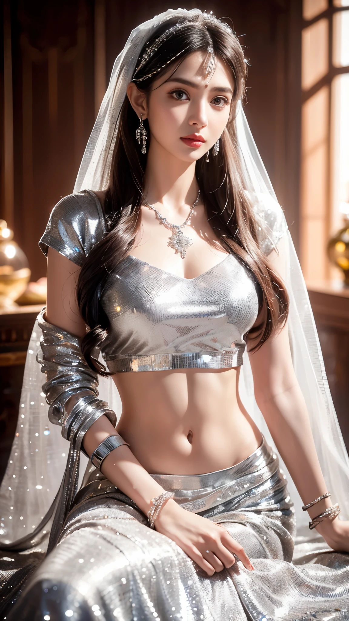 4K, UHD, masterpeice, 1 girl, good face, detailed eyes, detailed lips, very long hair, straight hair, very long hair, beautiful hair, hair ornaments, hairband, gradient hair, ((silver lehenga)), ((bridal lehenga)), ((decorated blouse)), sardine, ((ornament lehenga)), ((silver lace)), ((diamond bracelet)), ((pendant)), Pearl, ornaments, necklace, earring, high lighting, ((bare stomach)), ((in the wedding stage)), silver color, depth of field, ray tracing, ultra realistic detailed, sitting,