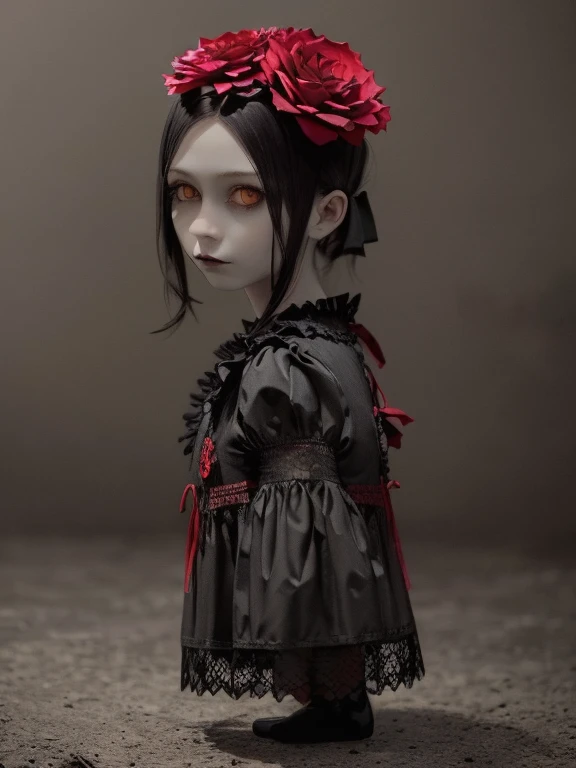 a gothic clown girl, detailed face, beautiful eyes, long eyelashes, pale skin, dark makeup, black and red dress, puffed sleeves, ruffles, lace, holding a black rose, eerie, unsettling, moody lighting, dark cinematic atmosphere, muted color palette, (best quality,4k,8k,highres,masterpiece:1.2),ultra-detailed,(realistic,photorealistic,photo-realistic:1.37),fullbody