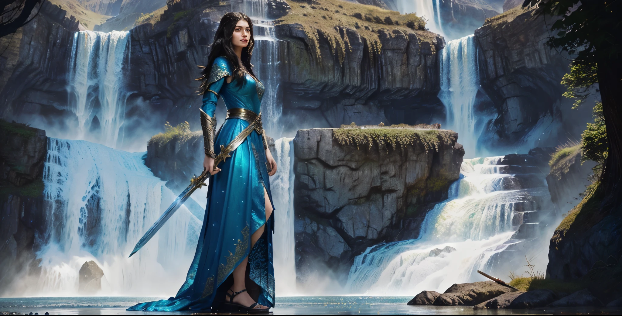arafed woman in a long dress holding a sword in front of a waterfall, elegant cinematic fantasy art, 4k fantasy art, medieval fantasy art, detailed fantasy art, fantasy art behance, epic fantasy art style, fantasy paladin woman, epic fantasy digital art style, epic fantasy art style hd, 8k fantasy art, epic fantasy style art, hd fantasy art