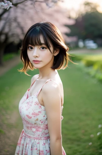 ((SFW:1.4)),((highest quality)), ((masterpiece)), (detailed),RAW Photos, Realistic,リアルな 超detailed, finely, High resolution, 8K Wallpaper Perfect Face,Anatomically correct body, Image of a garden with cherry trees and falling petals, Sunset Light, A beautiful Asian girl is smelling a bouquet of flowers, Wearing a pink dress
