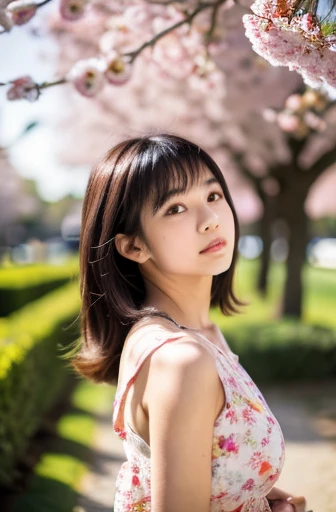 ((SFW:1.4)),((highest quality)), ((masterpiece)), (detailed),RAW Photos, Realistic,リアルな 超detailed, finely, High resolution, 8K Wallpaper Perfect Face,Anatomically correct body, Image of a garden with cherry trees and falling petals, Sunset Light, A beautiful Asian girl is smelling a bouquet of flowers, Wearing a pink dress