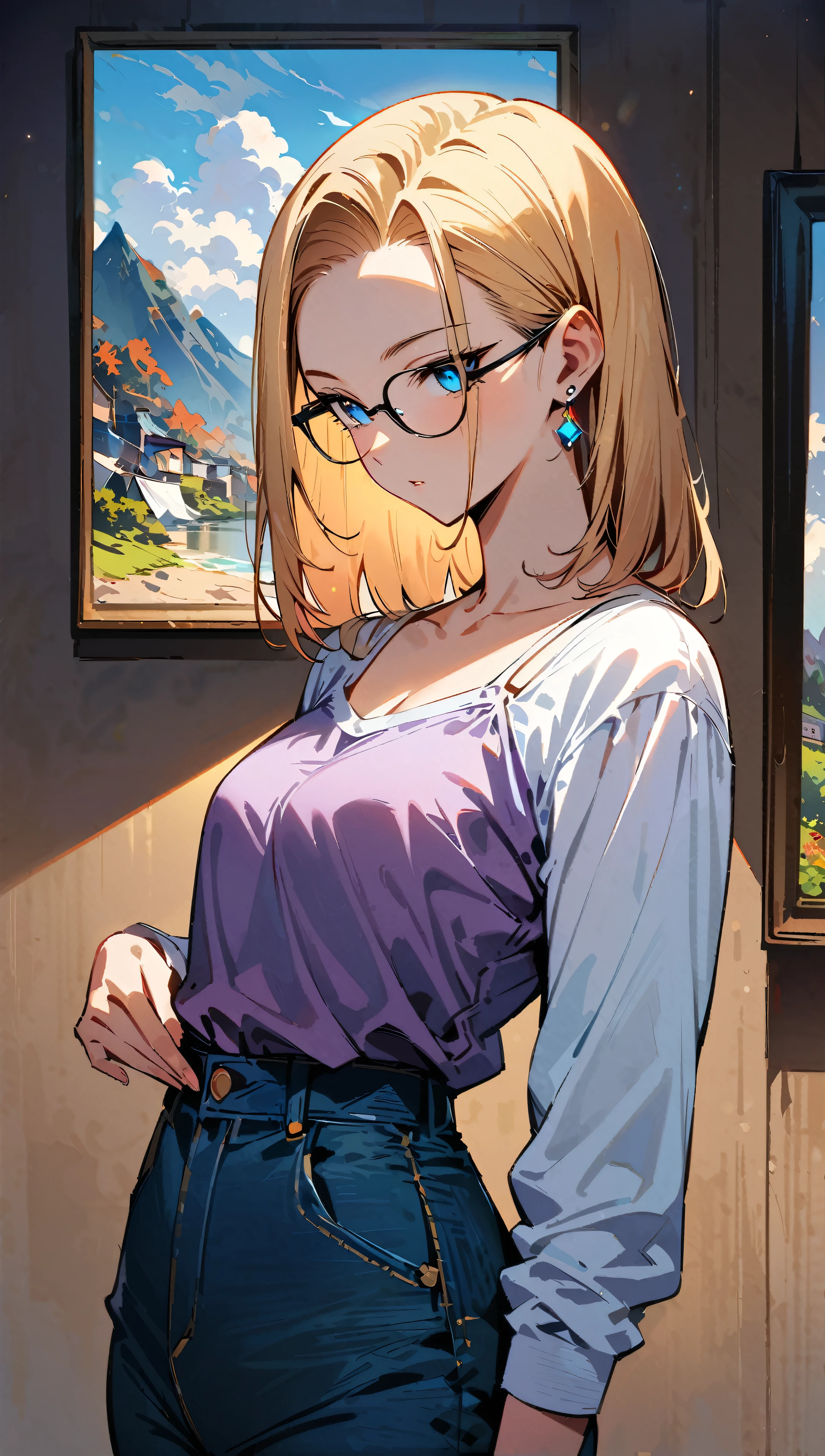 (masterpiece, best quality:1.2), shot from waist up showing only collarbone, solo, Android 18 from Dragon Ball, standing in an art gallery, (wearing a white long sleeve shirt tucked into denim shorts, a vibrant purple camisole underneath), short blonde hair loose, blue eyes focused on paintings, earrings on earlobes, slender feminine figure, narrow waistline, art gallery background with bright lighting, looking at paintings, wearing glasses, 4K