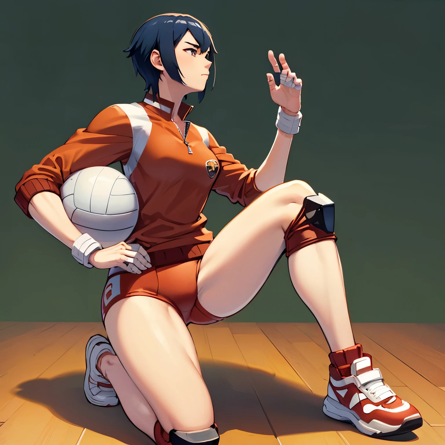 ayuhara natsu,(manspread),volleyboll, short hair,red jacket, (short high leg shorts),camel toue, bandages, knee pads, sneakers,solo,