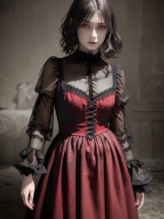 a gothic clown girl, detailed face, beautiful eyes, long eyelashes, pale skin, dark makeup, black and red dress, puffed sleeves, ruffles, lace, holding a black rose, eerie, unsettling, moody lighting, dark cinematic atmosphere, muted color palette, (best quality,4k,8k,highres,masterpiece:1.2),ultra-detailed,(realistic,photorealistic,photo-realistic:1.37),fullbody