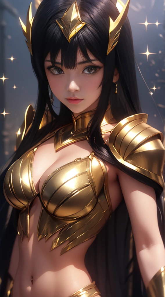 Ultra-high saturation,(tmasterpiece), fully body photo,(best qualtiy), (1girll), starryskybackground,Wearing shiny gold armor, cool-pose, Saint Seiya Armor, messy hair,high detal, Anime style, Cinematic lighting, Sparkle, god light, Ray traching, filmgrain, hyper HD, textureskin, super detailing, Anatomical correct, A high resolution,Ultra-high saturation,hight contrast,High-gloss armor,Smooth skin,Serious expressions,Dark room,