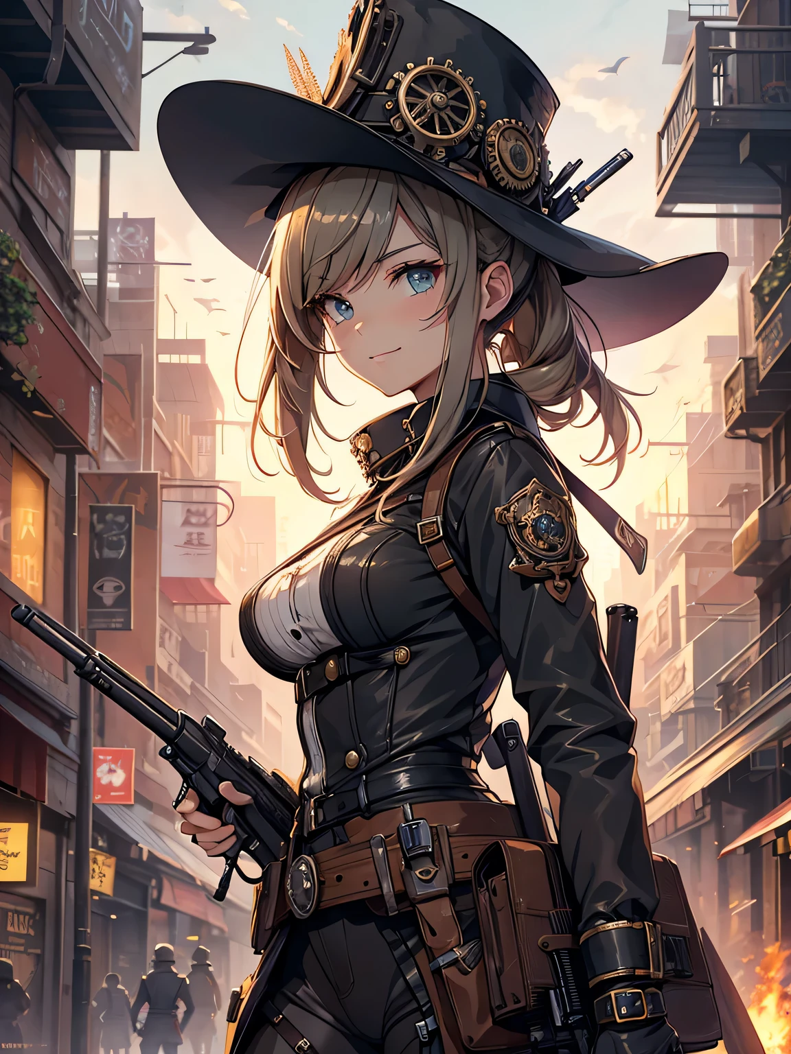 (Line art_anime),(Cowboy Shot,Low Angle, highest quality, ),(Laura Budd Photos:1.2),(Laura Add details:1.0),8k, Flat Color:0.8,1 girl,smile,(Highly decorative and complex mechanical steampunk fashion, Lace flare dolphin hat、goggles、((Holding a musket gun in hand 1.5))、machinery background、Gear background、An elaborately mechanized steampunk cityscape 1.5),Cute pose,