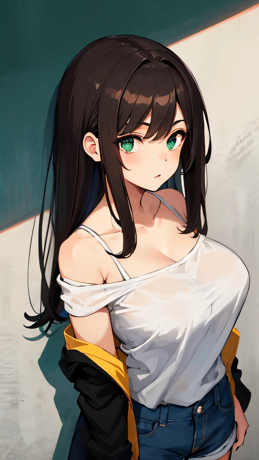 (masterpiece, highest quality, Very detailed, Best Shadow), (Beautifully detailed face), High Contrast,One girl,only,Dark brown hair,Straight Long Hair,Side Tail,green, Clear Eyes,Upper Eye,Shorts, Off the shoulder, Expose your shoulders, Open jacket,She has big breasts,whole body,20generation