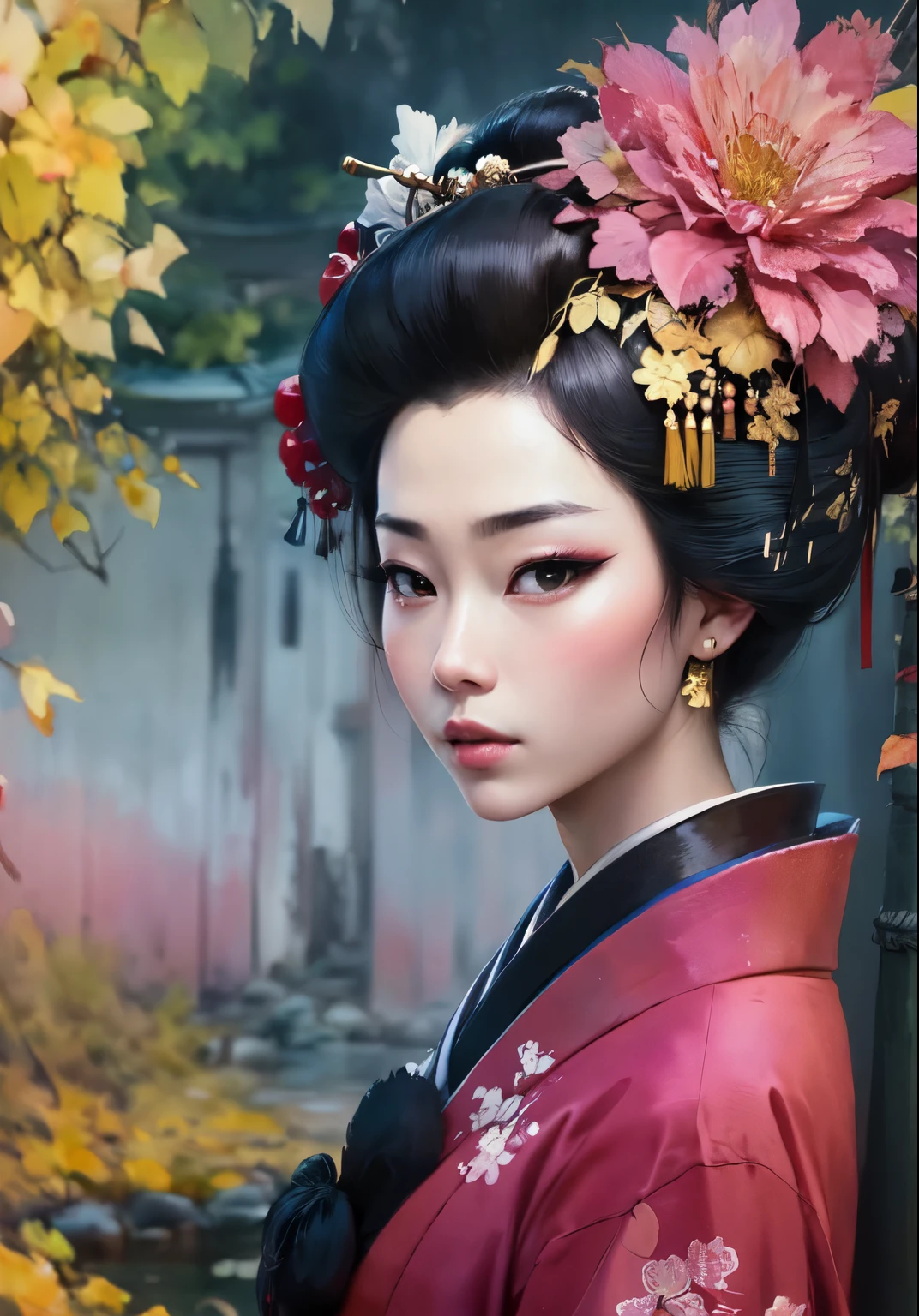 ((watercolor Painting)) of a geisha woman, close up Portrait de geisha, Portrait of a geisha, Beauty Geisha, geisha, Geisha japonaise, Portrait of a beautiful geisha, Coiffure Geisha, Art japonais, Samurai portrait, Portrait photo de geisha, Geisha described as Japanese, Style artistique japonais, inspired by Toyohara Kunichika