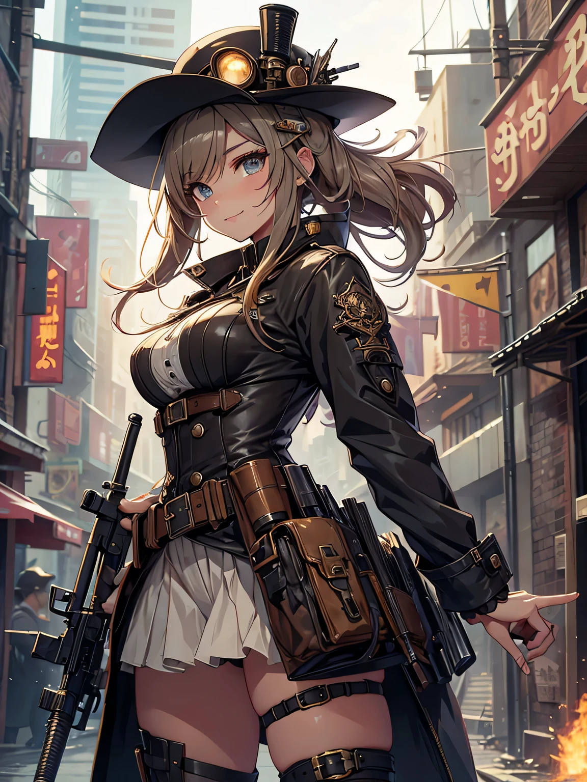 (Line art_anime),(Cowboy Shot,Low Angle, highest quality, ),(Laura Budd Photos:1.2),(Laura Add details:1.0),8k, Flat Color:0.8,1 girl,smile,(Highly decorative and complex mechanical steampunk fashion, Lace flare dolphin hat、goggles、((Holding a musket gun in hand 1.5))、machinery background、Gear background、An elaborately mechanized steampunk cityscape 1.5),Cute pose,