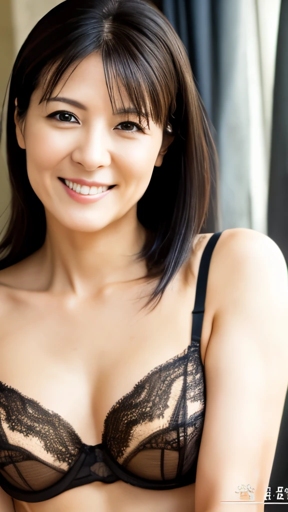 showing anus, lace bra, high quality, realistic photo image, 45 years old, Japan woman, neat and clean wife, housewife, natural and realistic eyes, beautiful black hair, light makeup, beautiful lighting, golden ratio composition, smile, nude, indoor background, blurred background, realistic photo image, Japan woman, pure Japan face, beautiful wife,