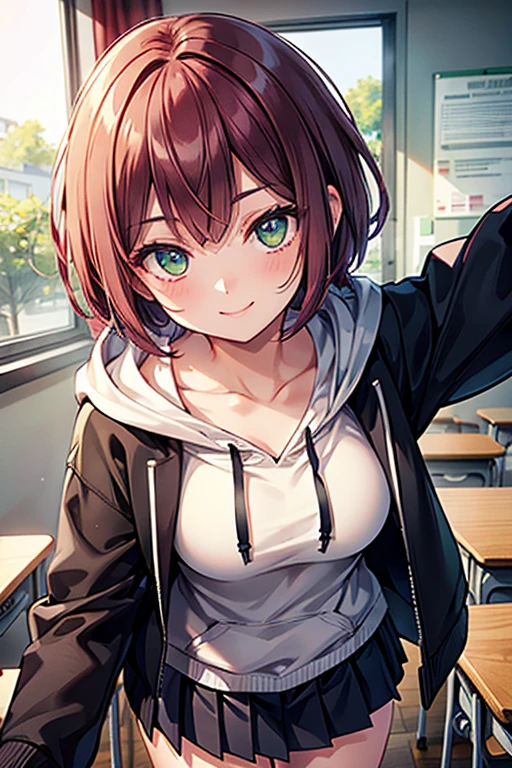 girl, in the Classroom,burgundy short hair,white dress shirt, black open hoodie,pleated skirt, lime-green eyes, big eyes,droopy eyes, Slender body,Leaning forward,Playing with one's hair,smile,detailed face, photorealistic, detailed body, detailed eyes,ultra-detailed, best quality