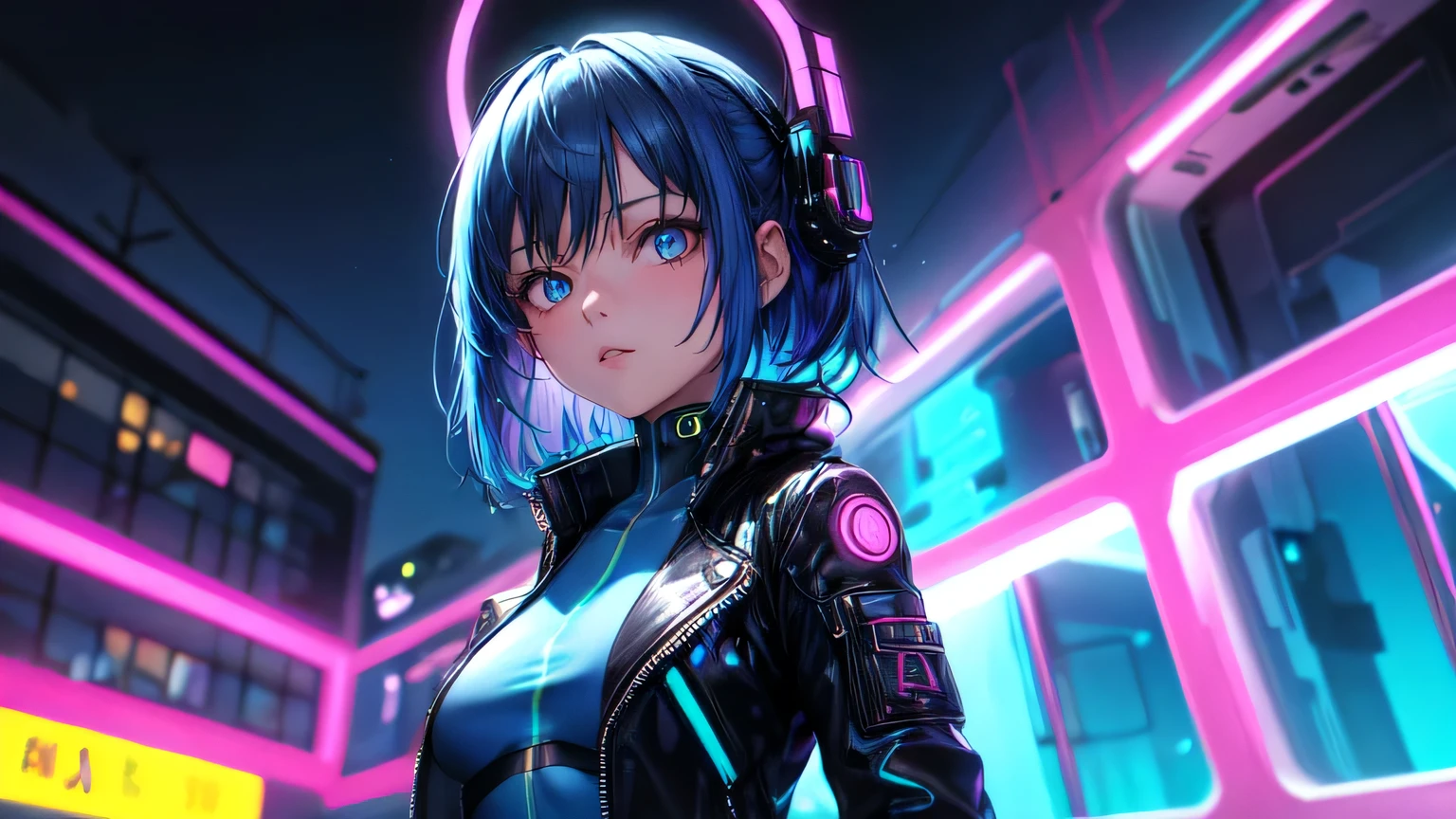 One girl,Blue bodysuit,Jacket,background, cyber punk, Neon color, SF