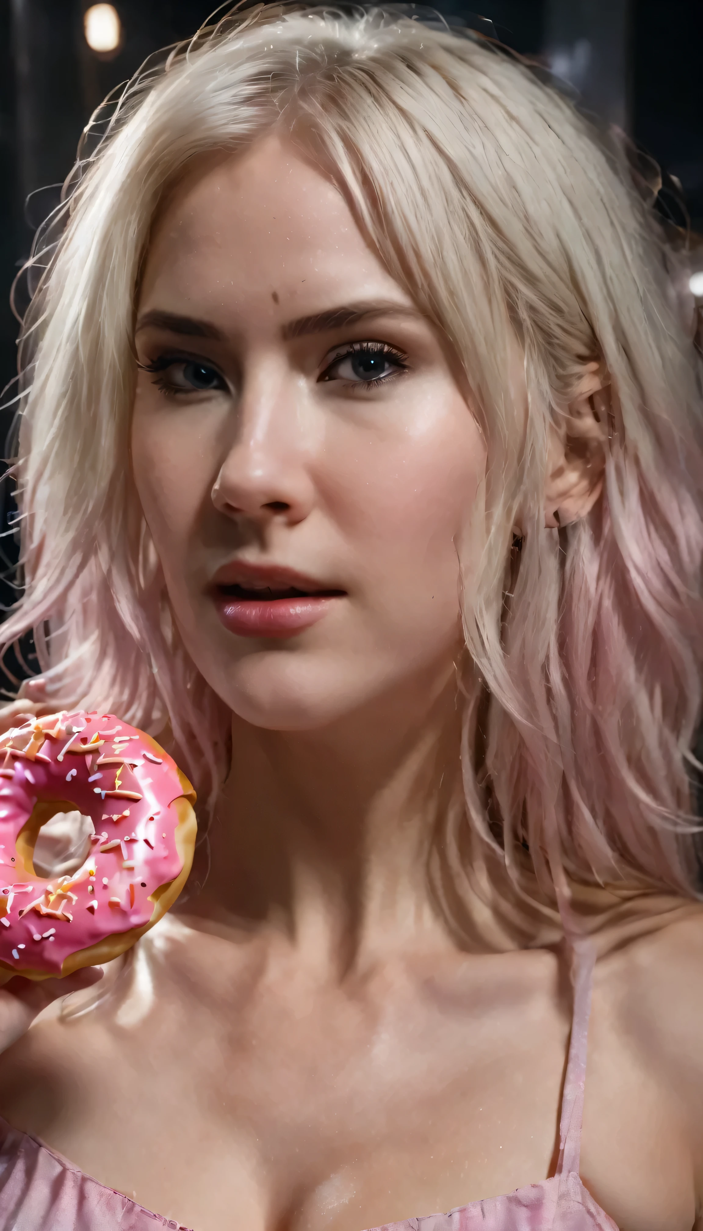 (She craves for donut).blond woman with white hair and (a pink donut in her mouth):1.5.(She holds the big pink donut upright in her hands):1.5. (She sniffs yhe donut.):1.5(She licks the donut.):1.5.(The donut has white melted sugar coating running in veins)1.5.(It is dark night.):1.5 (there is red bedlamp that gives sensual lightning):1.5. close - up profile face,closeup_portrait:1.3,face:1.4, detailed closeup face, close - up profile,  imax close-up of face,character close up, movie scene close up,closeup of face, detailed unblurred face, closeup shot of face, closeup of the face, cinematic close-up bust shot, character close-up, close up of face, tifa lockhart with white hair, neck zoomed in from lips down, close-up portrait film still, movie still of the girl