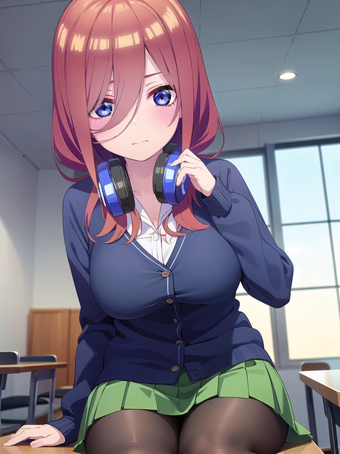 Mikunakano, Miku Nakano, 、Long Hair, bangs, blue eyes, Brown Hair, shirt, Hair between the eyes, Headphones, cardigan, Headphones around neck, break skirt, shirt, Long sleeve, white shirt, pantyhose, Pleated skirt, black pantyhose, cardigan, Green Skirt, blue cardigan, break indoors, classroom, break looking at viewer, break (masterpiece:1.2), highest quality, High resolution, unity 8k wallpaper, (figure:0.8), (Beautiful fine details:1.6), Highly detailed face, Perfect lighting, Highly detailed CG, (Perfect hands, Perfect Anatomy),sexyポーズ、blush、View your viewers、cute、Her chest is E cup、sexy、Erotic、sexy、sex appeal、Eroticチック、Thighs、Big Tits、Oily skin、Sitting in a chair、I have a pen、studyしている、study