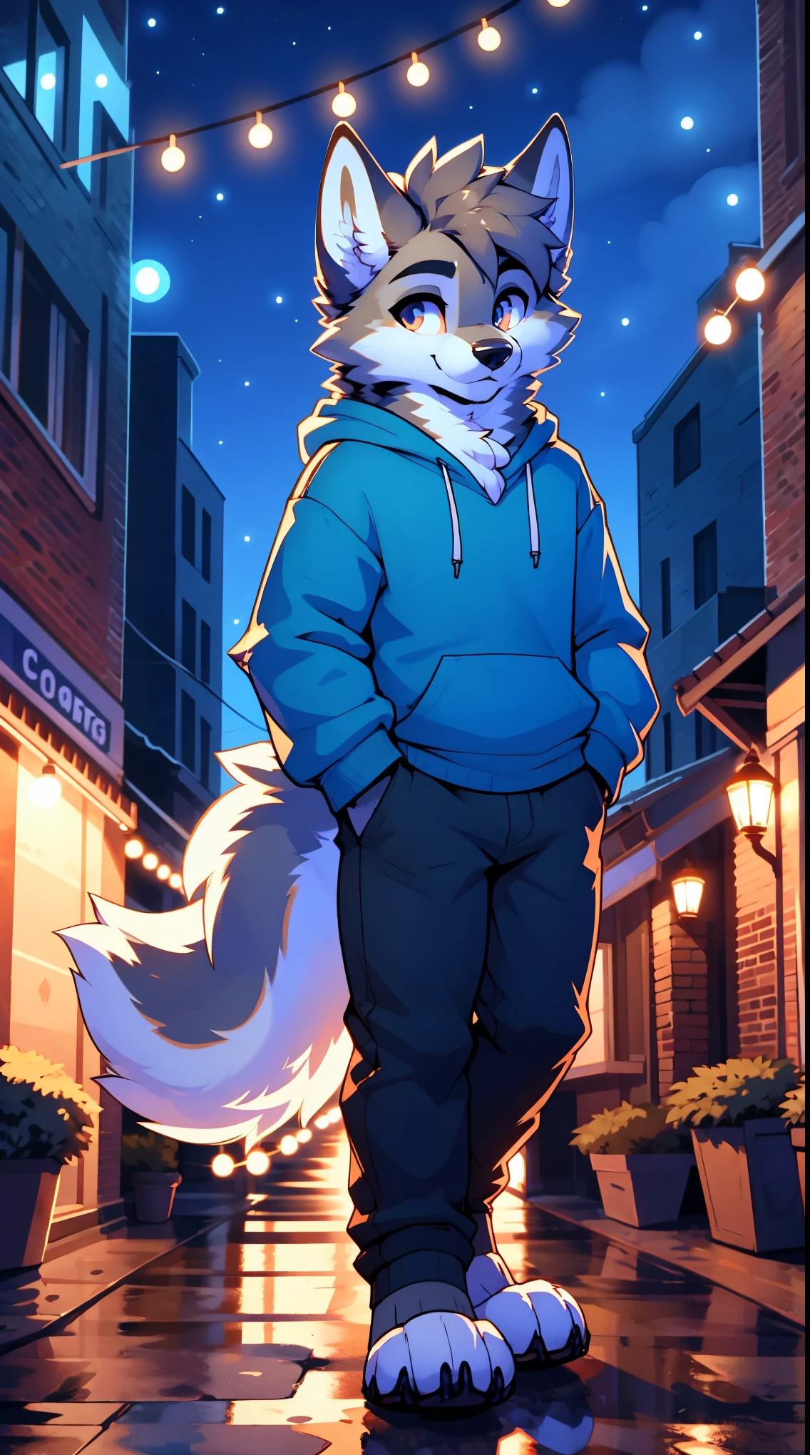 a full body, anthropomorphic brown wolf kid wearing a blue hoodie, pants, wolf face, cute face, glossy fur, big fluffy neckfur, posing for a picture in a hill at night with a city in the distance
