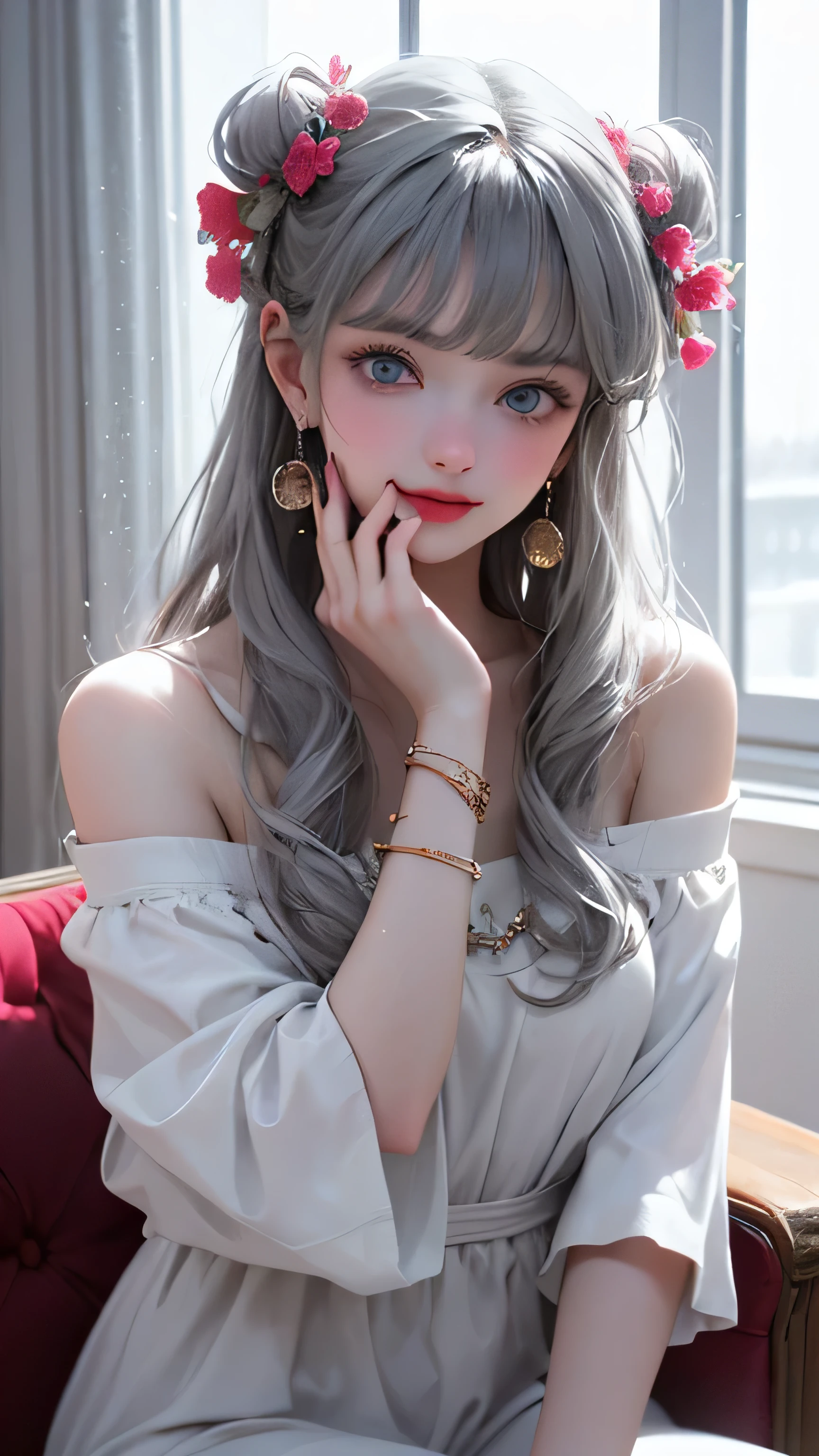 （Girl sitting on sofa in office)、Beauty、 One Girl、alone、Long Hair、Viewer、smile、blue eyes、hair ornaments、gem、Gray Hair、Shut your mouth、Blunt bangs、Manicure、bracelet、lips、Grey Eyes、Portraiture、Red nails、close、Red lips、Put your hands on your face、Place your hand on your cheek、()、(Shiny skin)、(Steamed body))Beauty、　One girl, alone, Long Hair, View your viewers, smile, blue eyes, hair ornaments, White Background, jewelry, Gray Hair, Mouth closed, Blunt bangs, Manicure,( Outside the window, you can see the Milky Way.),(Off-the-shoulder semi-transparent white dress)