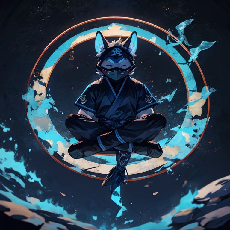 Little ninja with a face mask meditating while floating in the air surrounded by a blue aura